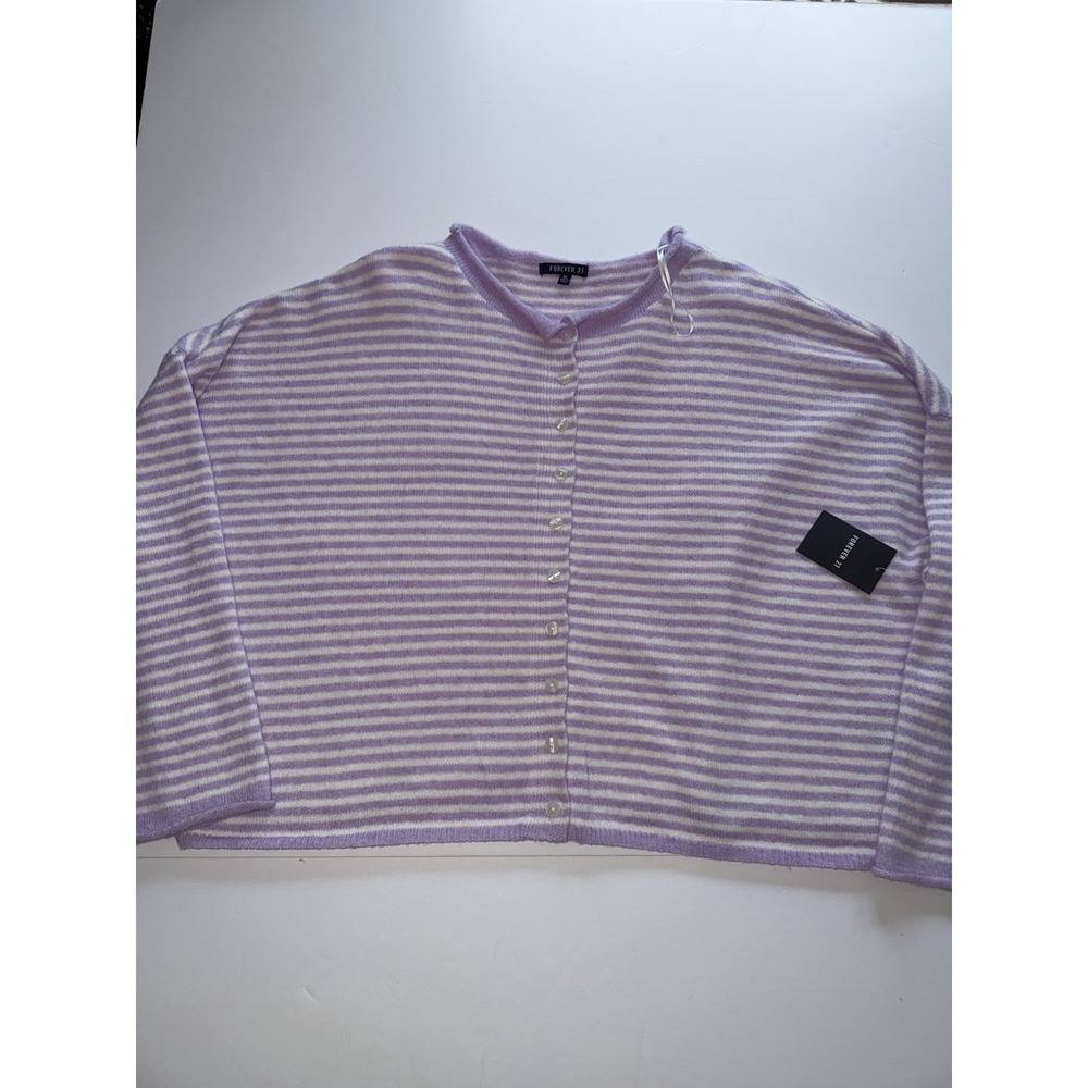 Forever 21 Women XL Cardigan Sweater Lavender White Stripe Stretch Button NWT